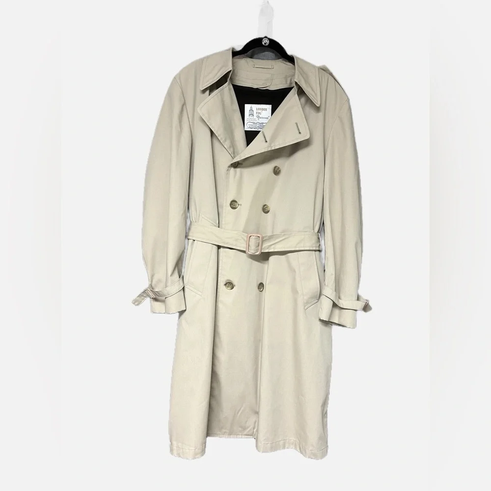 Vintage London Fog Tan All Weather Trench Coat Faux Fur Liner Mens size 42 EUC